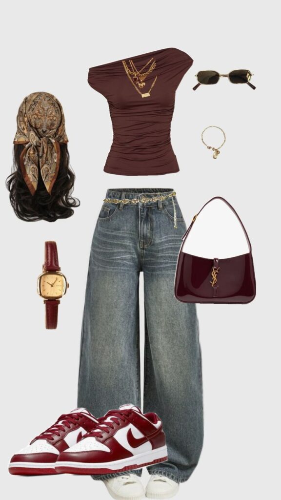 Trendy outfit with brown top, wide jeans, red sneakers, gold accessories, headscarf, and stylish bag.