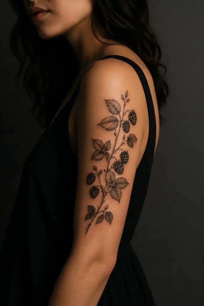 e0d13417-a91c-4ae3-8faf-71c4940c937a Black ink botanical blackberry vine tattoo on a woman's upper arm, delicate leaves and berries on dark background | Sky Rye Design Black ink botanical blackberry vine tattoo on a woman's upper arm, delicate leaves and berries on dark background