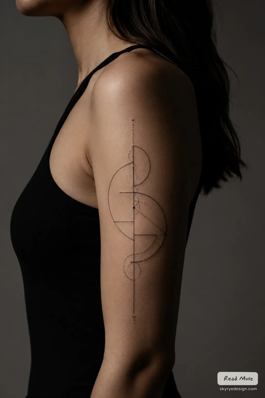 2f935a9c-ef2c-43eb-a2cb-d498cde8377a Minimal geometric black-ink tattoo on woman's upper arm, fine-line circles, arcs and a vertical line design | Sky Rye Design Minimal geometric black-ink tattoo on woman's upper arm, fine-line circles, arcs and a vertical line design