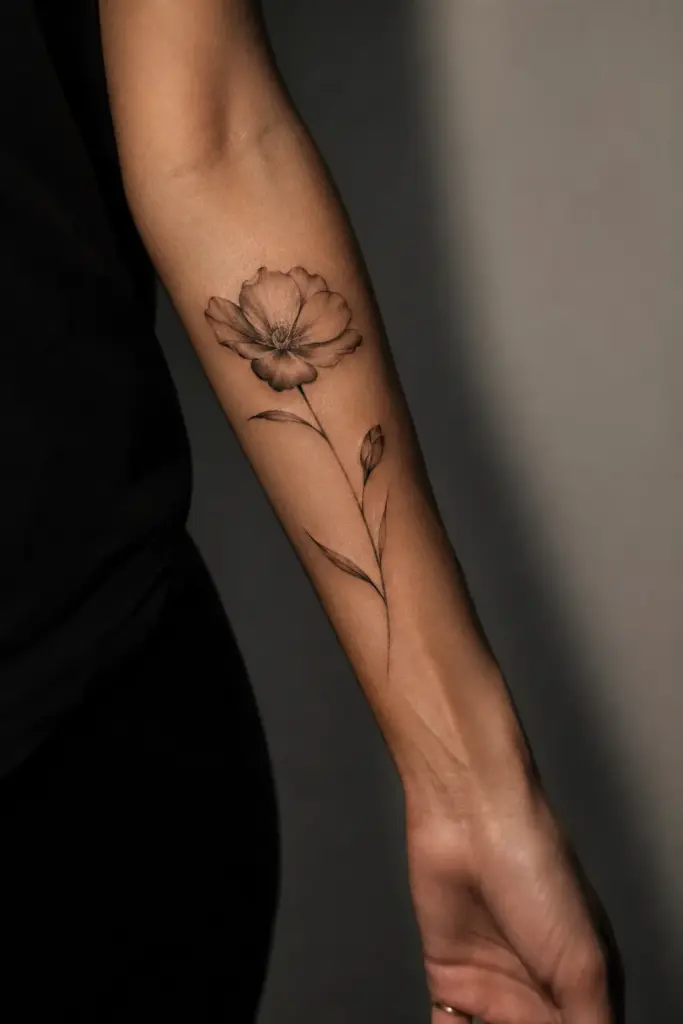 88676d9a-8fa7-4bf7-948b-b8f40f66ab2e Minimalist black ink poppy forearm tattoo — delicate long-stem flower with leaves on inner arm | Sky Rye Design Minimalist black ink poppy forearm tattoo — delicate long-stem flower with leaves on inner arm