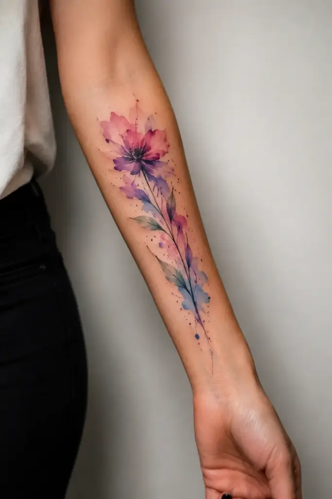 94e87fd4-77d3-4917-b4a8-14d5ba19aa22 Watercolor-style pink and purple flower tattoo running along the forearm with delicate splashes of color and thin stems. | Sky Rye Design Watercolor floral forearm tattoo: pink and purple blossom with leaves and ink splatters, delicate vertical design