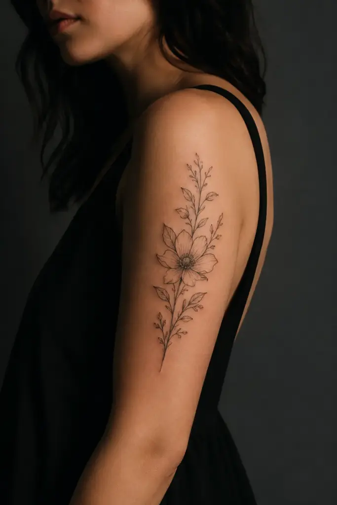 0c5b630b-1ddf-4ca9-9c02-40988cc6381e Floral arm tattoo: minimalist black line single flower with stems and leaves on upper arm, side view | Sky Rye Design Floral arm tattoo: minimalist black line single flower with stems and leaves on upper arm, side view