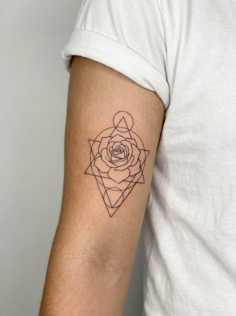 Minimal geometric rose tattoo in fine black linework on inner upper arm