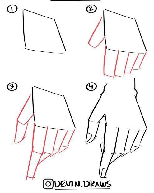 Step-by-step guide: Drawing a hand with four fingers from a basic shape. Instagram: @devin.draws