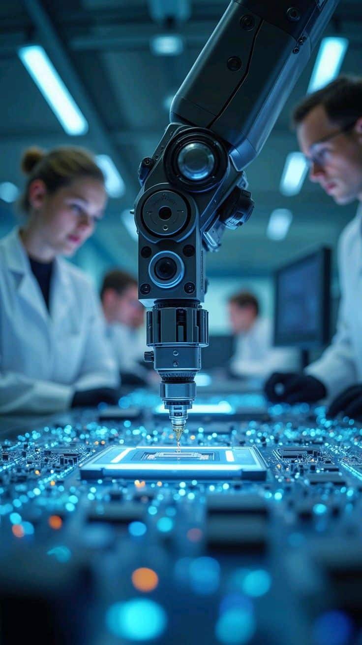 Robotic arm assembling microchip in high-tech lab with engineers in background.
