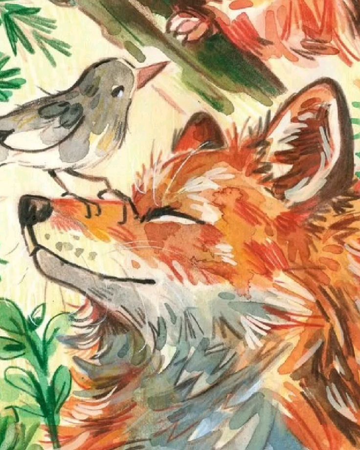 Illustration of a serene fox with a bird perched on its nose, surrounded by colorful foliage.