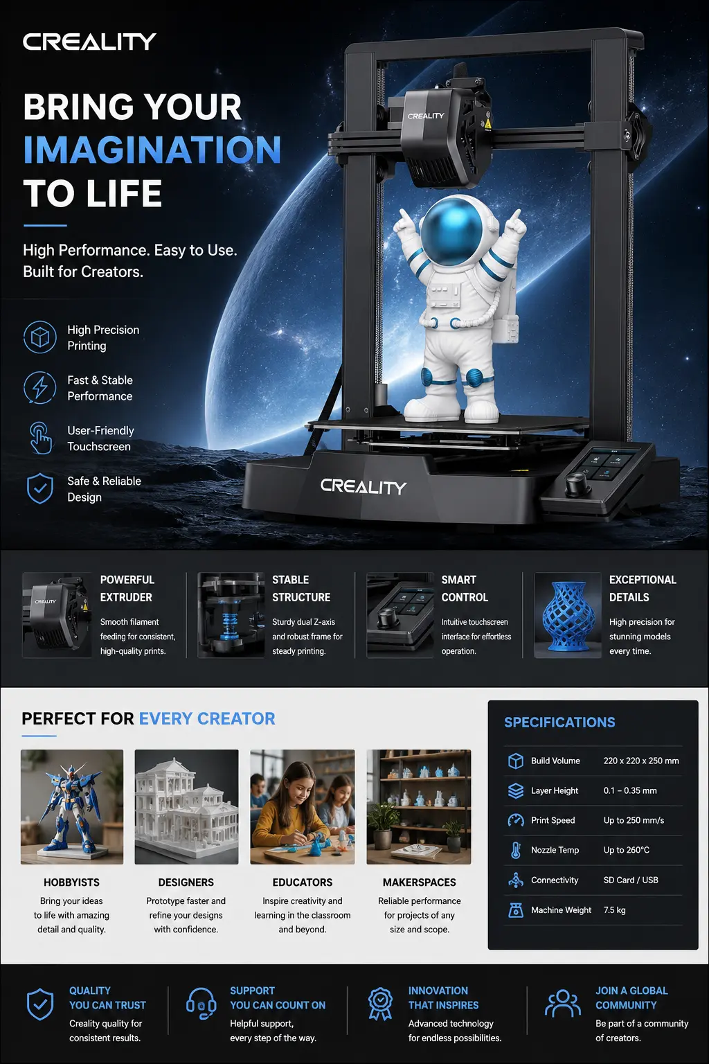 6b67af5e-6d4d-43c6-b2b5-09408f3984ba Creality 3D printer showcasing astronaut model on build plate, ad highlighting high-precision printing, features and touchscreen | Sky Rye Design Creality 3D printer showcasing astronaut model on build plate, ad highlighting high-precision printing, features and touchscreen