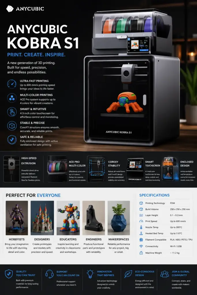 54fc46bb-7e32-43da-93d5-b04a16331a08 Anycubic Kobra S1 3D printer — multi-color ACE Pro filament hub, 4.3-inch touchscreen and high-speed printing | Sky Rye Design Anycubic Kobra S1 3D printer — multi-color ACE Pro filament hub, 4.3-inch touchscreen and high-speed printing