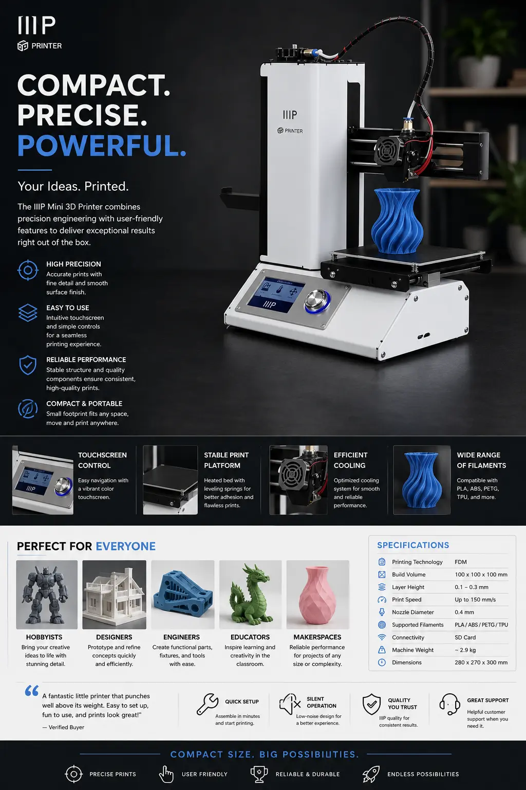8a8a5d20-770b-46c4-a790-137c865c4d7a IIIP Mini 3D printer on desk printing blue vase - compact, high-precision, touchscreen control, portable desktop FDM printer. | Sky Rye Design IIIP Mini 3D printer on desk printing blue vase - compact, high-precision, touchscreen control, portable desktop FDM printer.