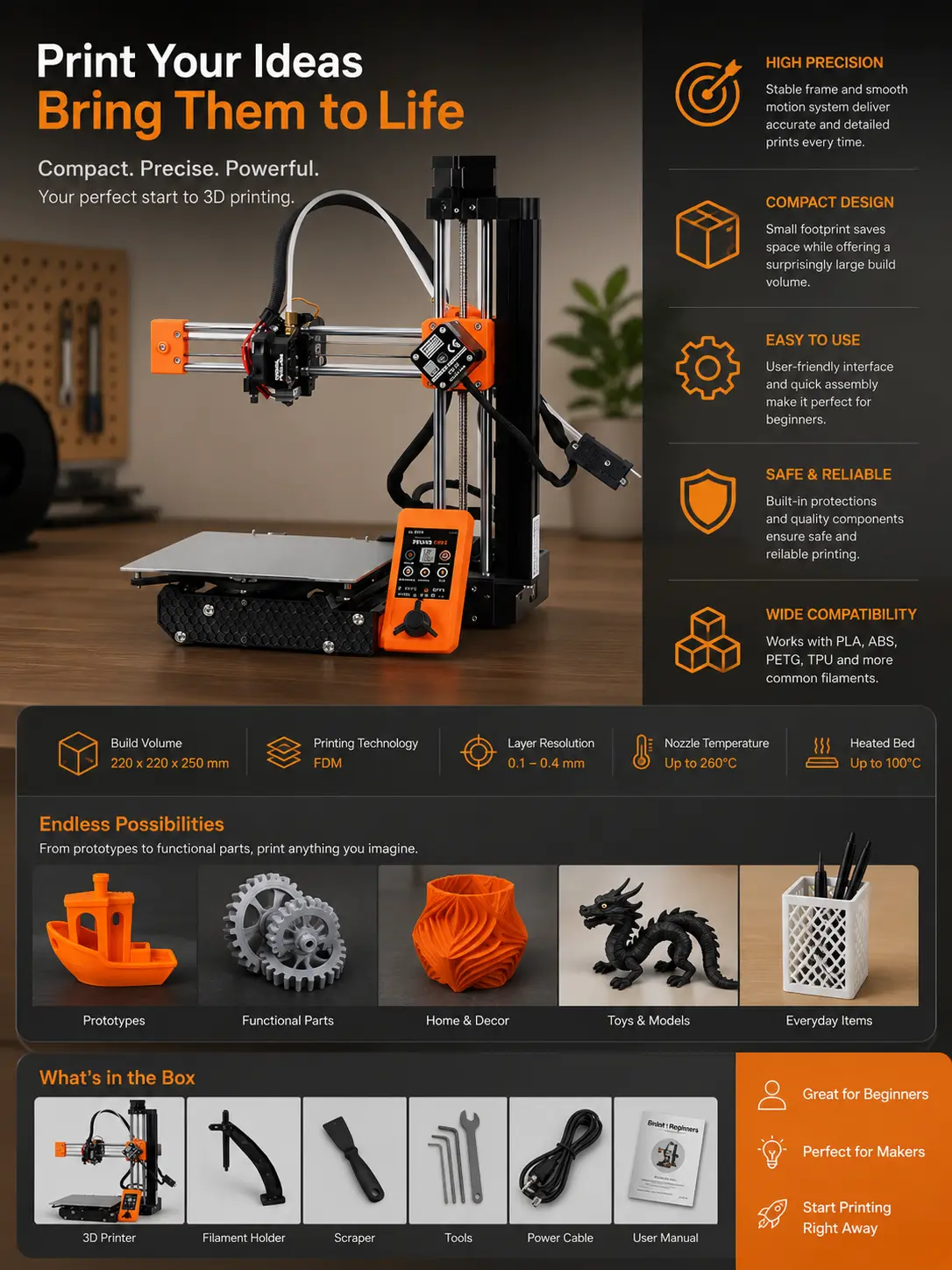 a44f2eda-c26f-4837-b4de-27b34a5f9cbf 1 3D printer with orange accents on a wooden desk; right column lists benefits like High Precision, Compact Design, Easy to Use, Safe & Reliable, Wide Compatibility. | Sky Rye Design 3D printer with orange accents on a wooden desk; right column lists benefits like High Precision, Compact Design, Easy to Use, Safe & Reliable, Wide Compatibility.