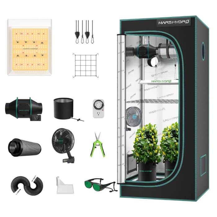Complete Mars Hydro grow tent kit with accessories, perfect for indoor gardening and hydroponics cultivation.