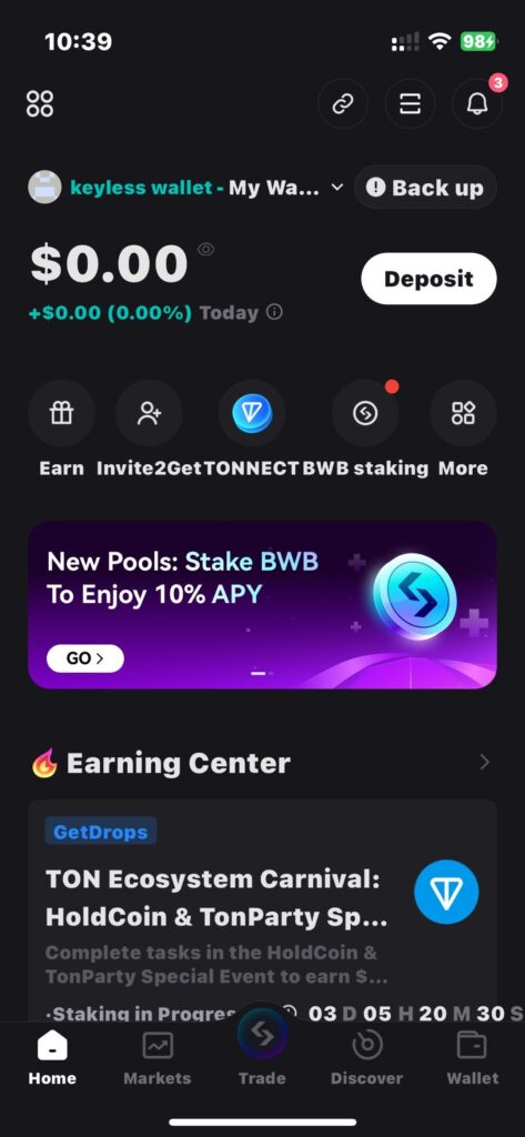 Cryptocurrency wallet app interface showing balance, staking options, and earning center for BWB with 10% APY offer.