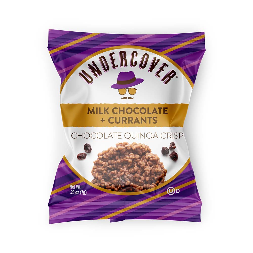 undercover-flow-wrap Undercover chocolate quinoa crisp with currants packaging, featuring purple and gold design, 0.25 oz bag. | Sky Rye Design Undercover chocolate quinoa crisp with currants packaging, featuring purple and gold design, 0.25 oz bag.