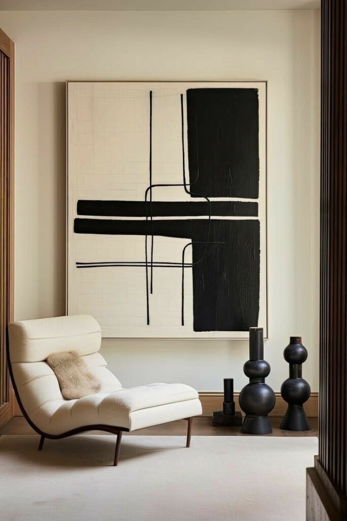 Modern minimalist room with abstract black-and-white painting, stylish chaise lounge, and decorative vases.