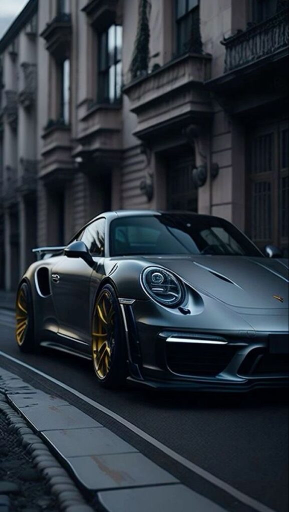 Sleek silver sports car with gold rims parked on urban street, showcasing luxury and speed.
