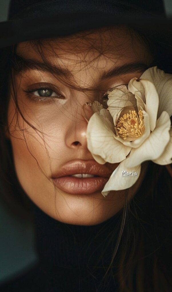 _ Close-up of a woman's face partially covered by a large white flower, wearing a dark hat, with a serene expression. | Sky Rye Design Close-up of a woman's face partially covered by a large white flower, wearing a dark hat, with a serene expression.