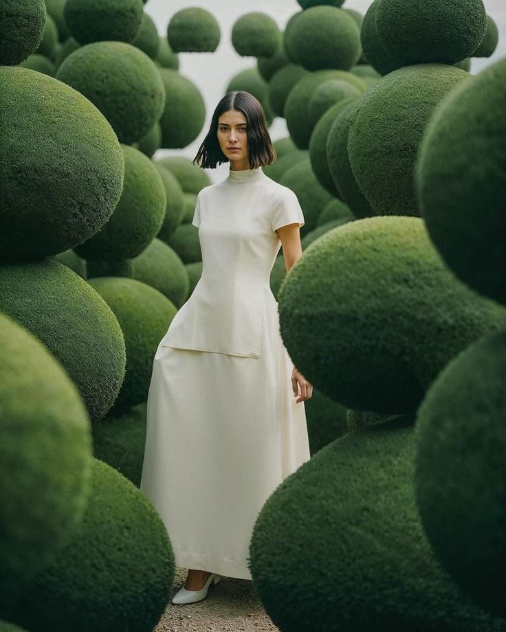 _ Woman in a white dress standing among large spherical topiary bushes, creating a serene and stylish garden scene. | Sky Rye Design Woman in a white dress standing among large spherical topiary bushes, creating a serene and stylish garden scene.