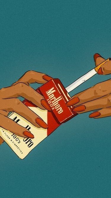 _ Illustration of hands with red nails holding a cigarette from a red pack on a blue background. | Sky Rye Design Illustration of hands with red nails holding a cigarette from a red pack on a blue background. Retro illustration