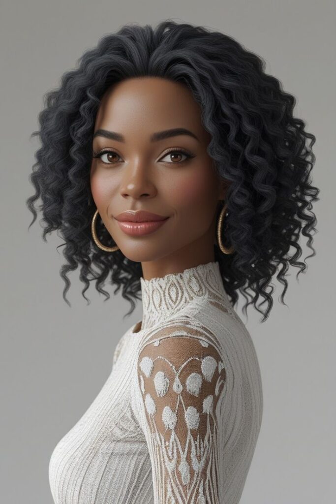 Portrait of a woman with curly hair, wearing a lace top, smiling confidently.