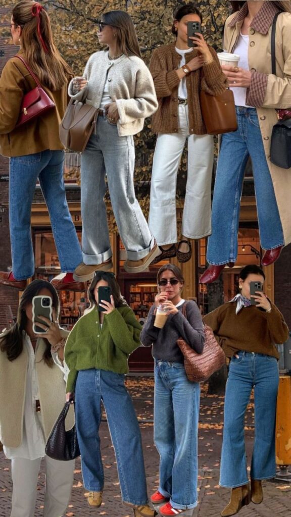 Trendy autumn street style outfits with cozy layers, denim jeans, and stylish accessories in a fall setting.