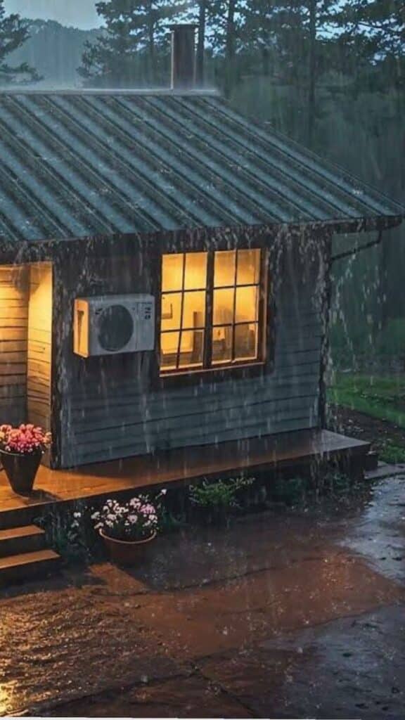 Cozy cabin in the rain with warm glowing light, surrounded by nature and flower pots.