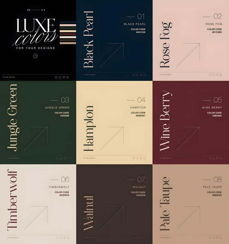 Luxe color palette featuring Black Pearl, Rose Fog, Jungle Green, Hampton, Wine Berry, Timberwolf, Walnut, Pale Taupe.