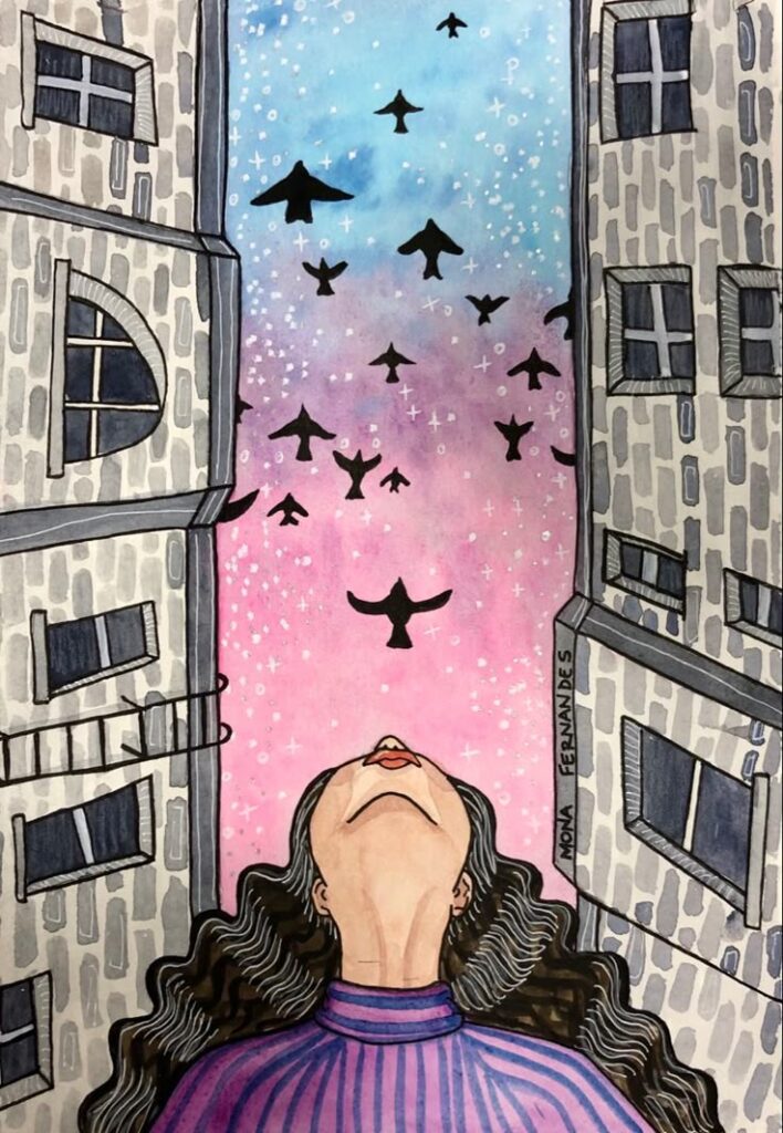 Illustration of a woman looking up at birds flying in a vibrant sunset sky between tall buildings.