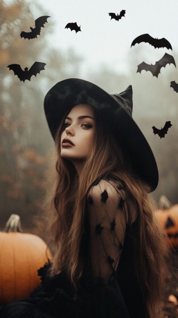 A witch in a black hat surrounded by bats and pumpkins, creating a spooky Halloween atmosphere.