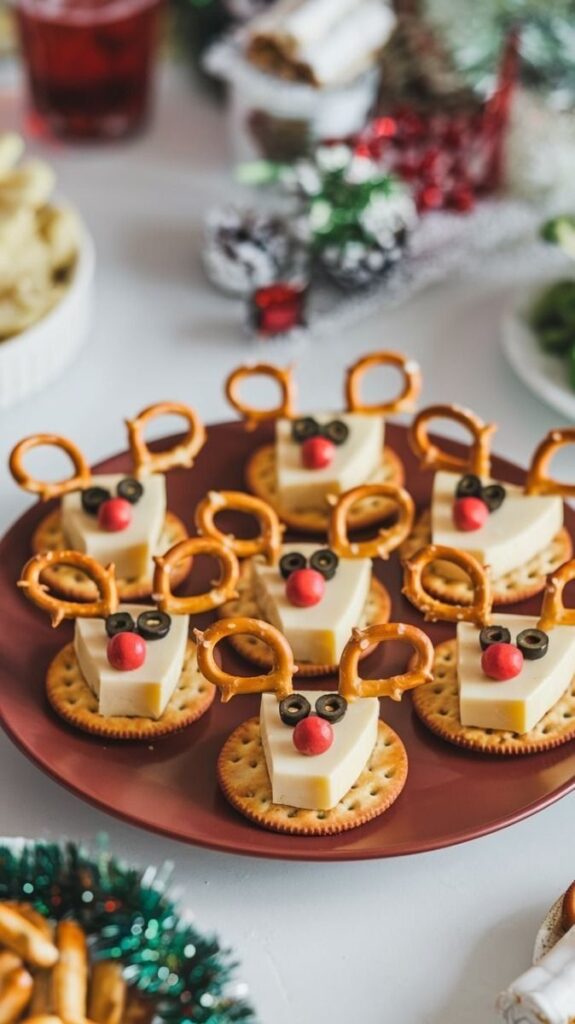 Festive reindeer-shaped snacks with cheese, pretzels, and crackers on a plate, perfect for holiday parties.