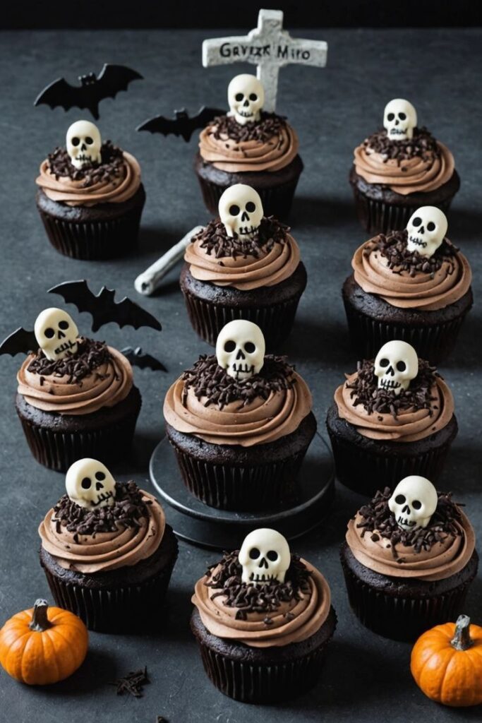 Halloween themed cupcakes with chocolate frosting, skull toppers, bats, and gravestone decor on a dark background. Halloween party