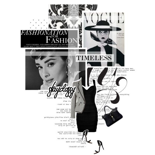 Collage featuring timeless fashion elements: Vogue covers, elegant dress, classic accessories, and stay classy text. fashion design portfolio