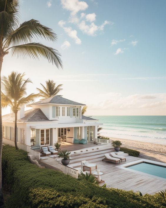 Luxury beachfront house with palm trees, pool, and ocean view under a sunny sky. Perfect tropical getaway.