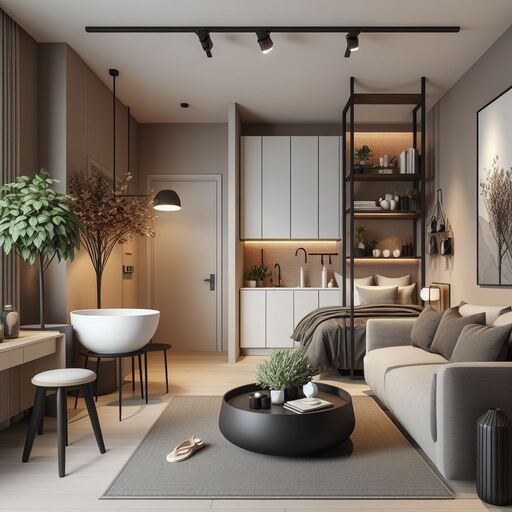 Modern living room and kitchen with cozy neutral decor, plants, and stylish furniture. Minimalist interior design. small living spaces