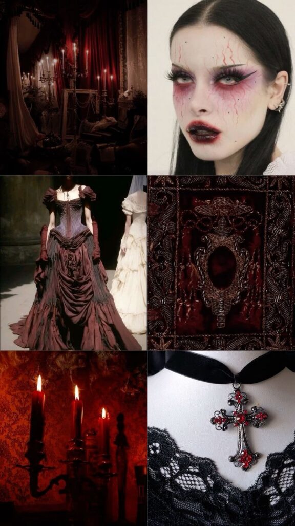 Gothic collage with eerie makeup, red candles, dark Victorian dress, intricate tapestry, and cross necklace on lace.