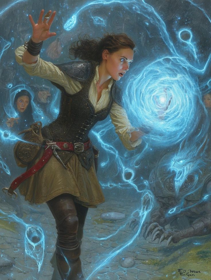 Woman wielding magical energy in a fantasy setting, surrounded by mystical blue lights and phantom figures.