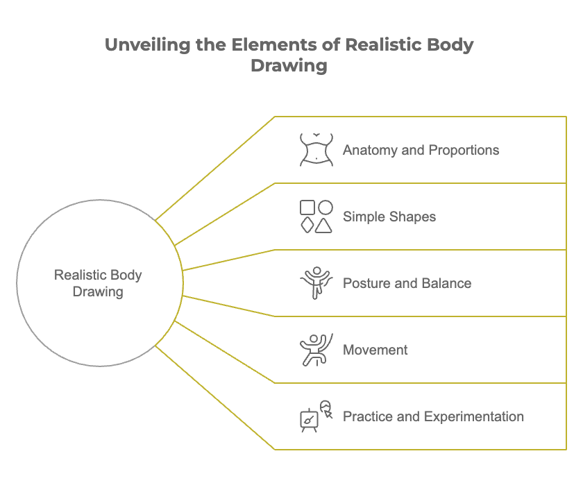 visual-selection-_22_ Diagram illustrating key elements for realistic body drawing: anatomy, shapes, posture, movement, practice, and experimentation. | Sky Rye Design Diagram illustrating key elements for realistic body drawing: anatomy, shapes, posture, movement, practice, and experimentation.
