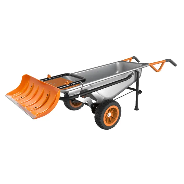 Orange and silver wheelbarrow with snow plow attachment, suitable for versatile garden and outdoor tasks.