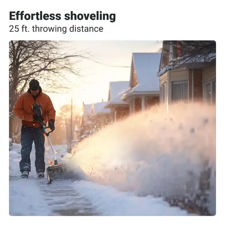 Person using a snow blower on a snowy sidewalk at sunrise, showcasing effortless shoveling with 25 ft. throwing distance.