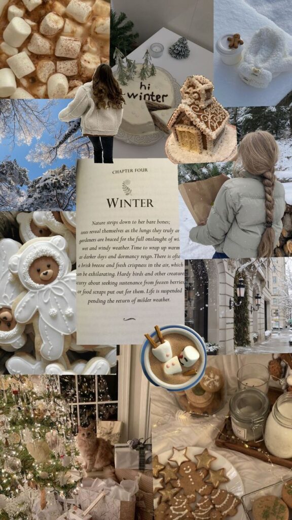 Winter collage featuring hot cocoa, gingerbread house, snowy landscapes, cozy interiors, and festive decorations.