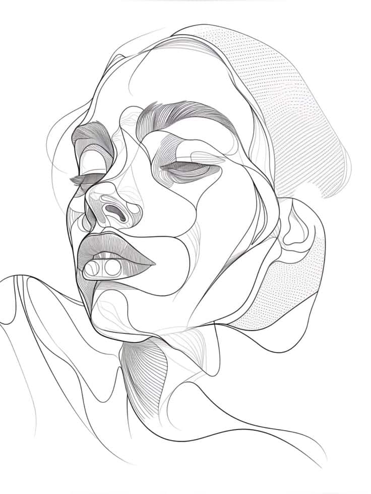Abstract line art of a woman's face, showcasing intricate details and geometric patterns in black and white.