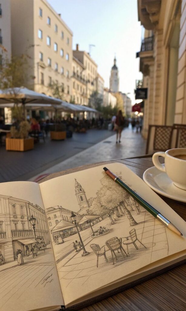 Open sketchbook with cityscape drawing on a café table, pencil and coffee cup beside, vibrant outdoor street scene.