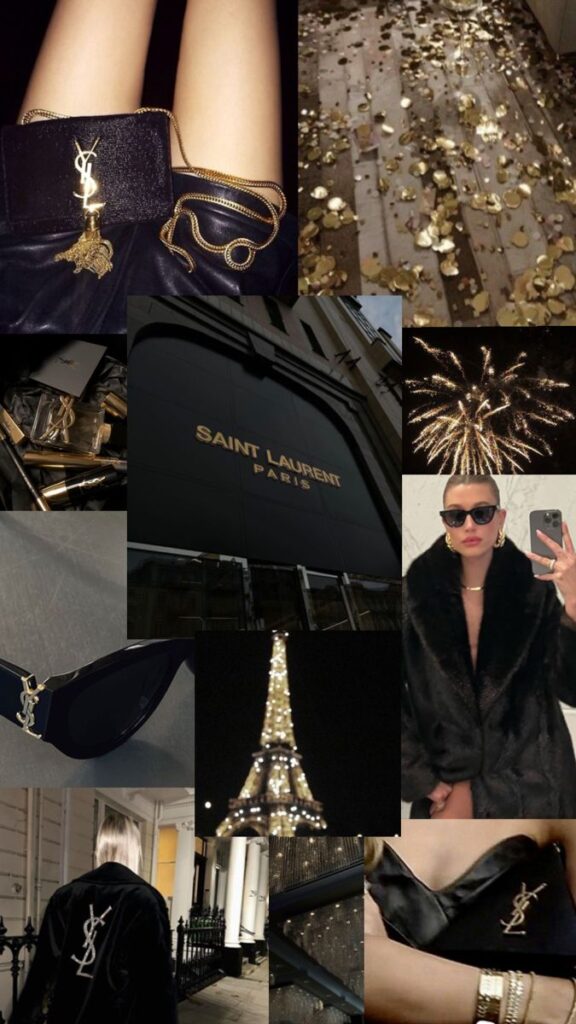 ysl Collage featuring Saint Laurent fashion items, Parisian themes with Eiffel Tower, gold accents, and fireworks in a luxe setting. | Sky Rye Design Collage featuring Saint Laurent fashion items, Parisian themes with Eiffel Tower, gold accents, and fireworks in a luxe setting.