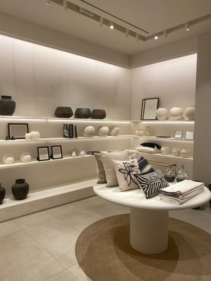 Modern minimalist showroom with decorative ceramics, shelves, and pillows on a round table in a cozy atmosphere.