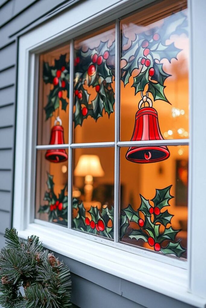Christmas window decor with holly and red bells, warm indoor glow, festive holiday atmosphere.