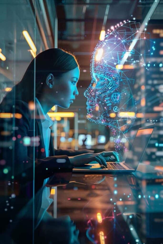 Person interacting with digital AI interface on laptop, symbolizing future technology and human-machine collaboration.