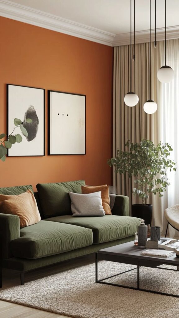 Stylish living room with green sofa, orange accent wall, modern art, and pendant lights. Cozy and elegant interior design.