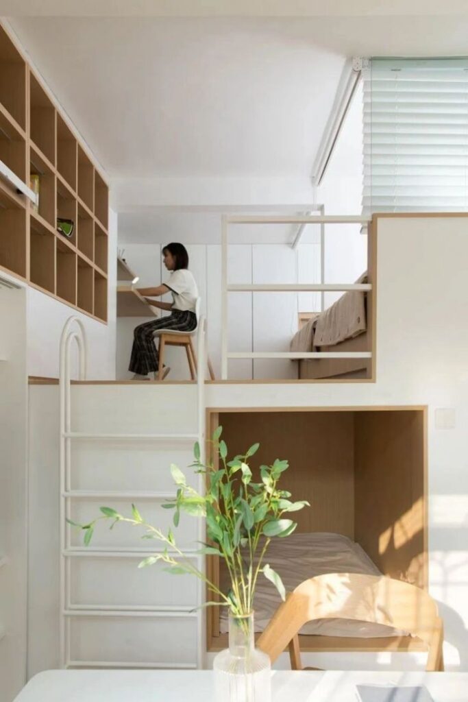 Modern loft apartment with workspace, cozy sleeping areas, and a green plant centerpiece.