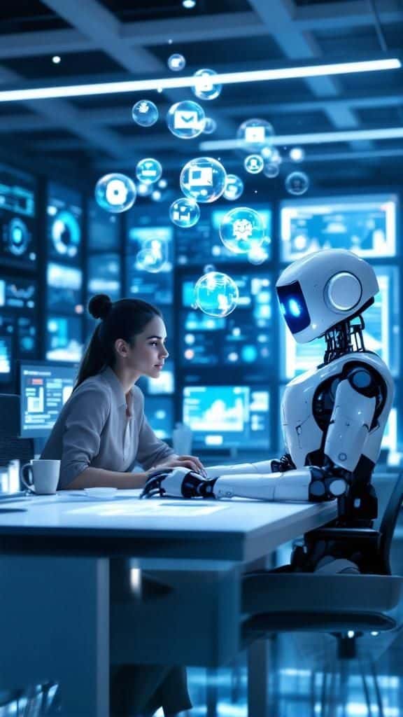 Woman interacting with humanoid robot in a futuristic tech office, surrounded by digital interface icons.