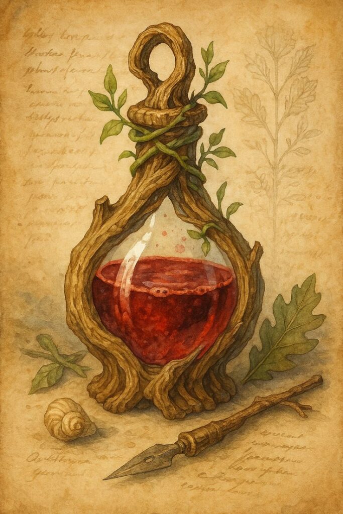Enchanting elixir bottle entwined with vines, artfully illustrated on parchment background with quill and snail shell.