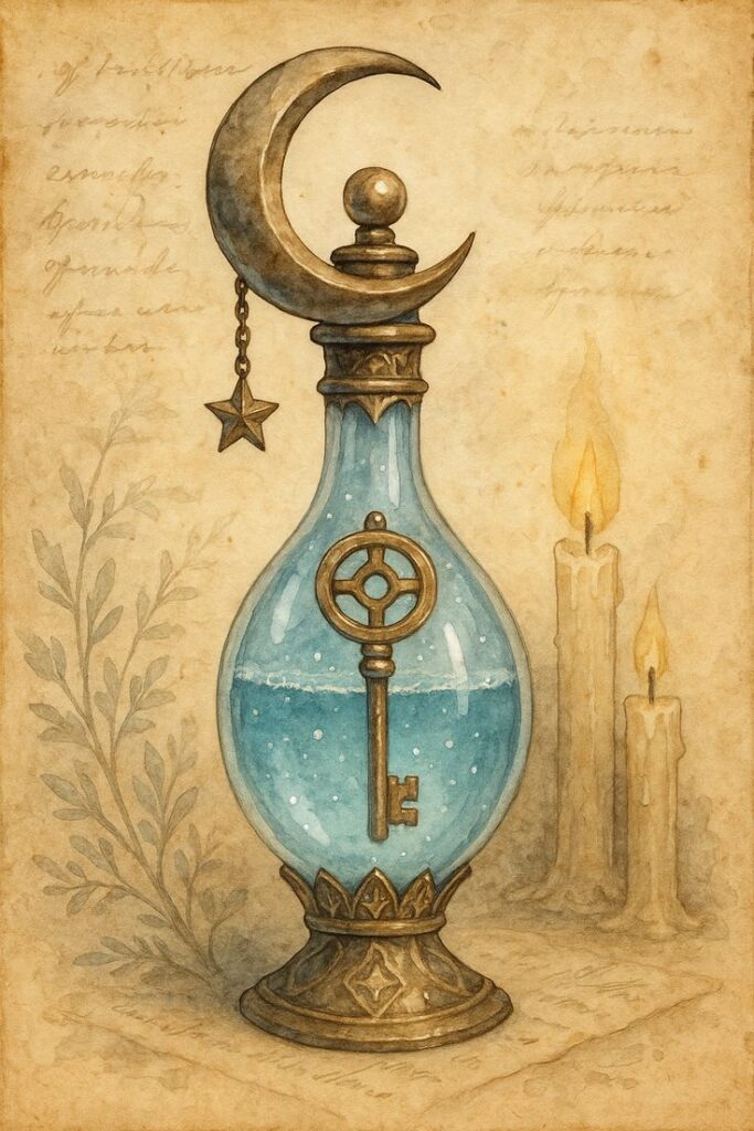 Fantasy potion bottle with crescent moon, star, and key design, illuminated by candles, on an artistic background.